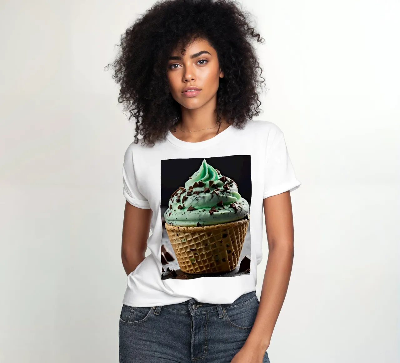 Mint chocolate chip ice cream in a waffle cone women's fitted t-shirt by DesignDoodle