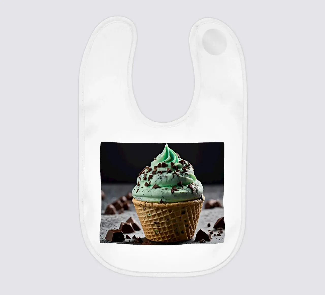 Gelato alla menta con gocce di cioccolato in un cono di cialda bavaglino da DesignDoodle