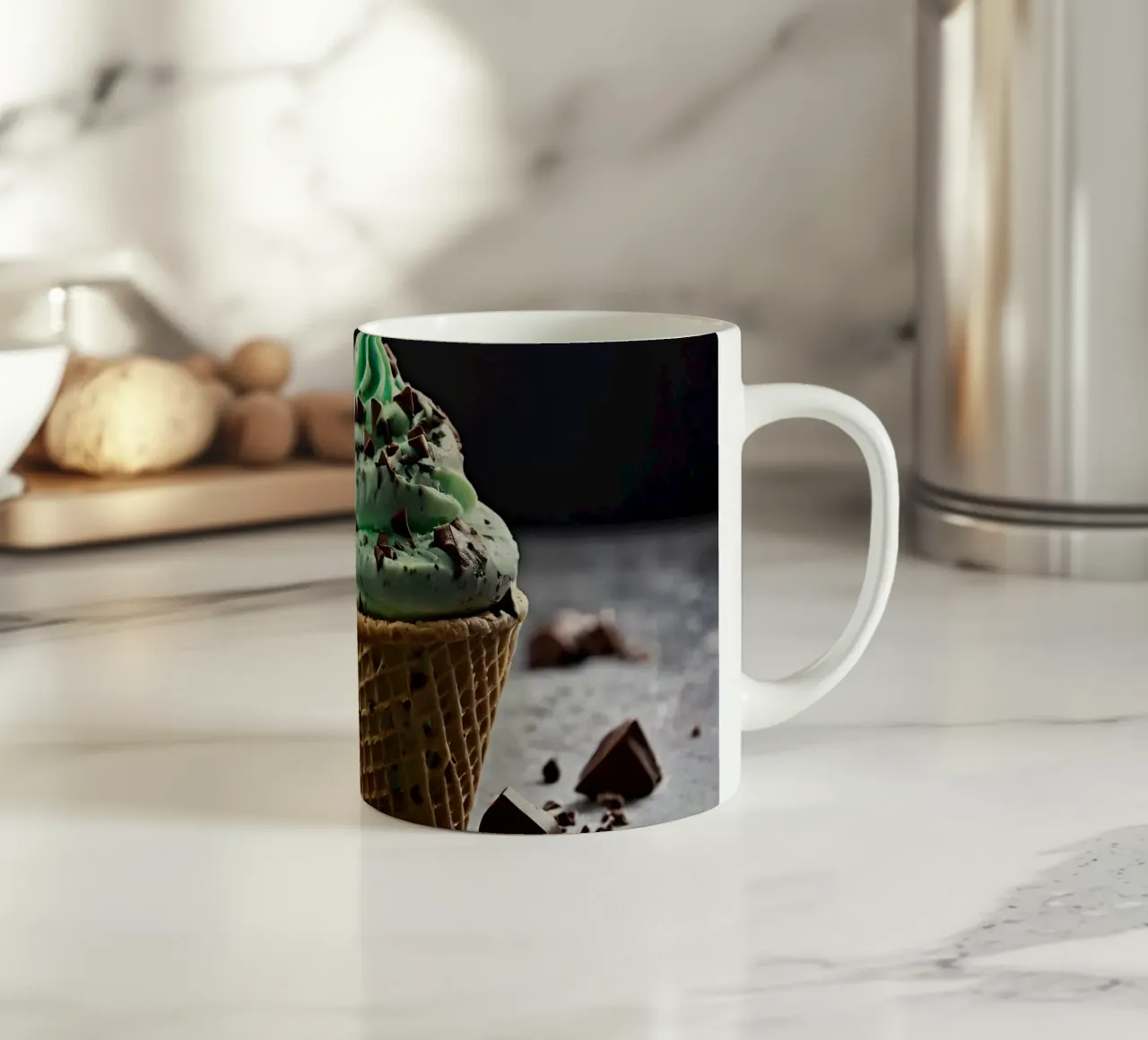Gelato alla menta con gocce di cioccolato in un cono di cialda tazza in ceramica da DesignDoodle