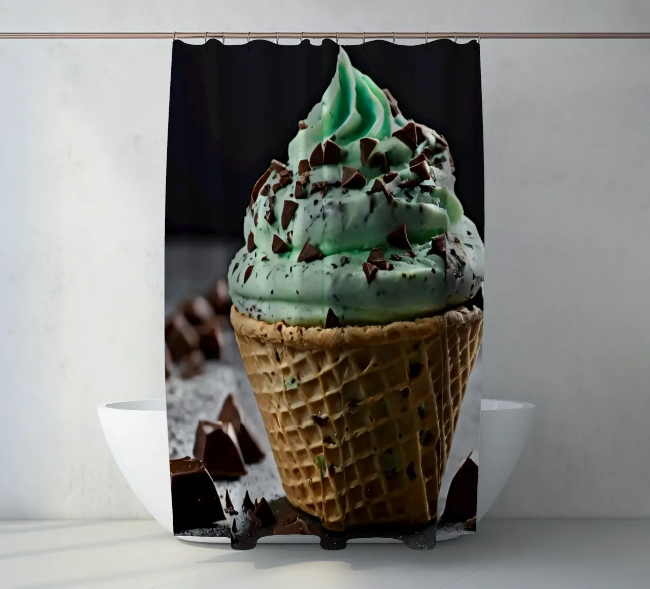 Gelato alla menta con gocce di cioccolato in un cono di cialda tenda da doccia da DesignDoodle
