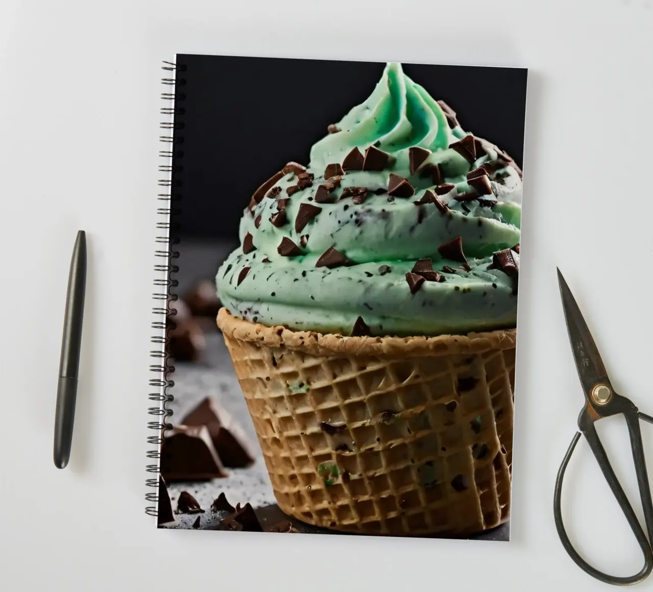 Mint chocolate chip ice cream in a waffle cone spiral notebook by DesignDoodle