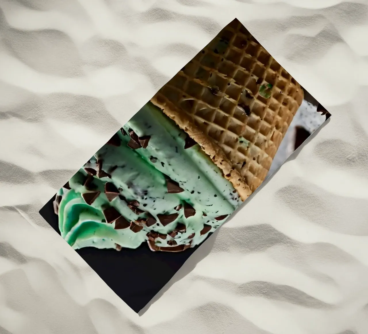 Gelato alla menta con gocce di cioccolato in un cono di cialda telo mare da DesignDoodle