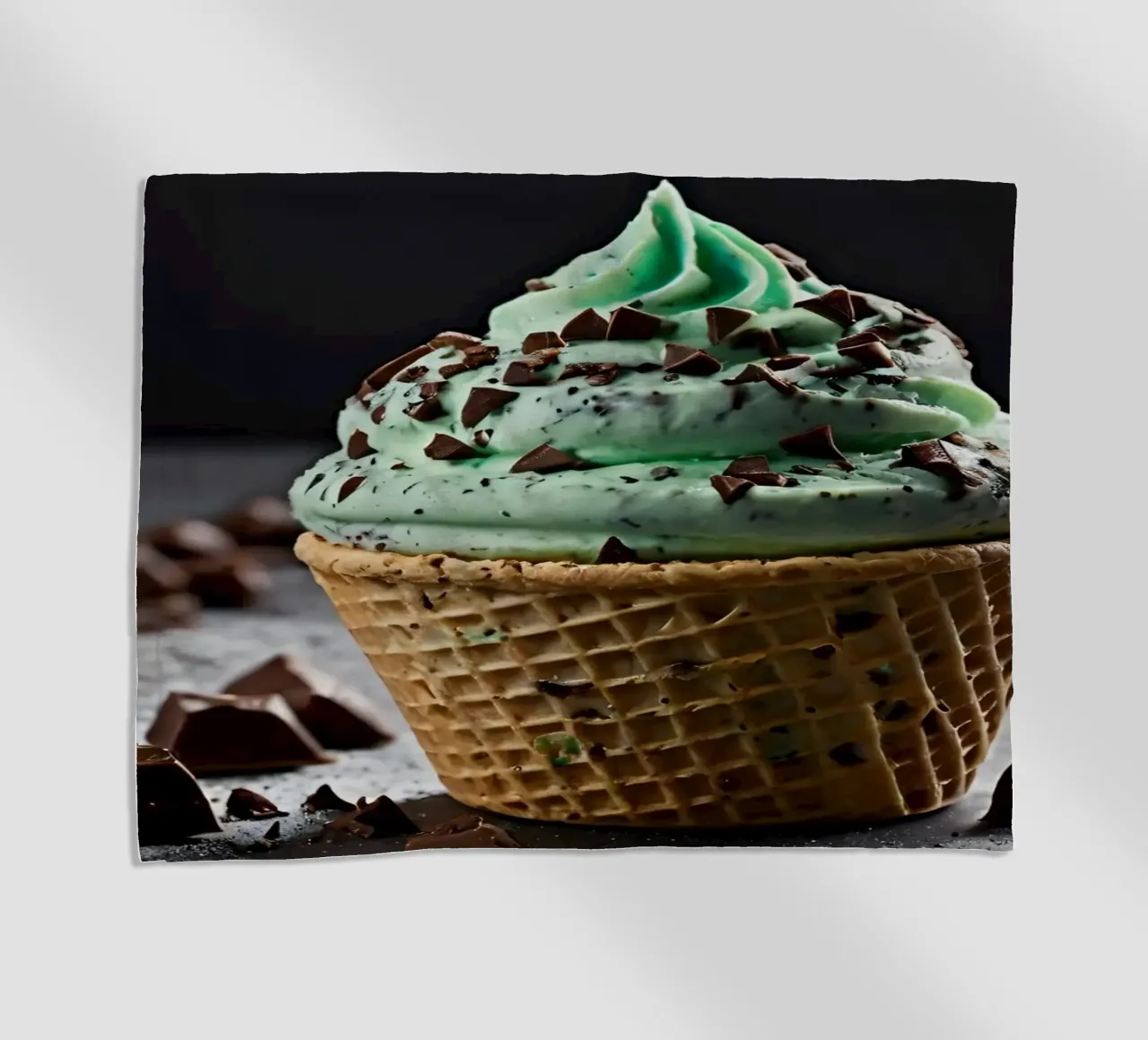 Gelato alla menta con gocce di cioccolato in un cono di cialda telo mare da DesignDoodle