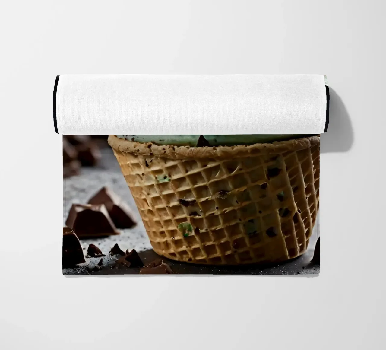 Gelato alla menta con gocce di cioccolato in un cono di cialda telo mare da DesignDoodle