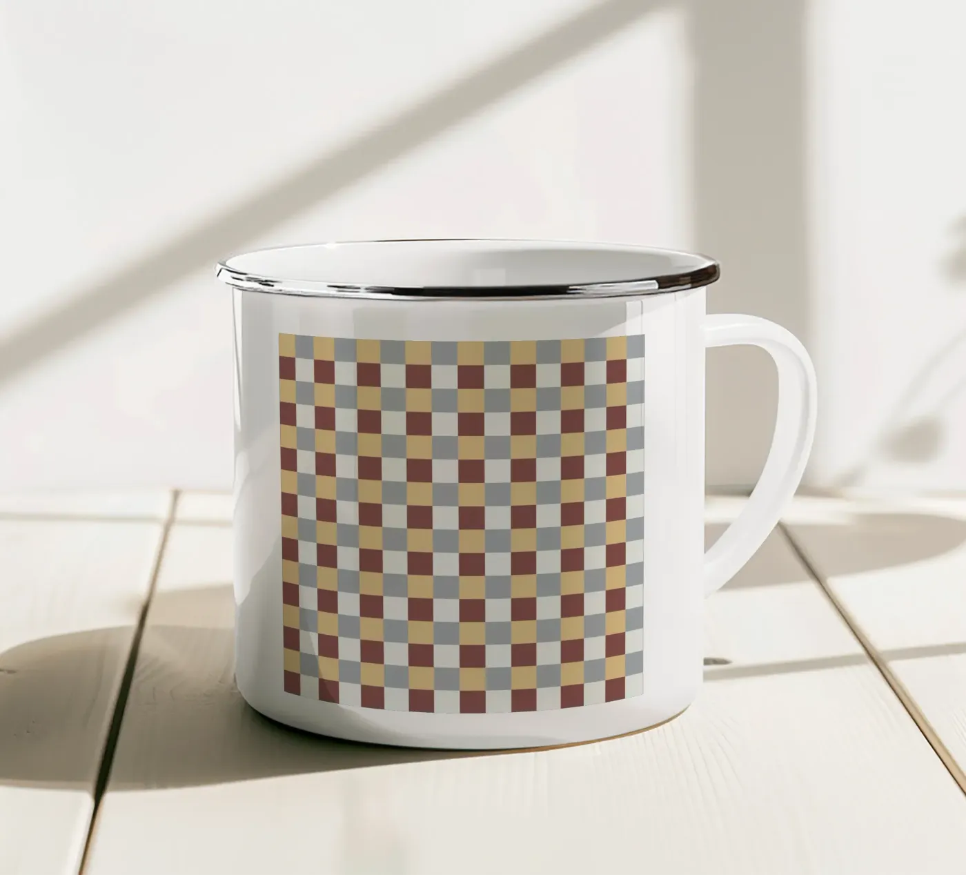 Checker tile pattern enamel mug by Little Dean