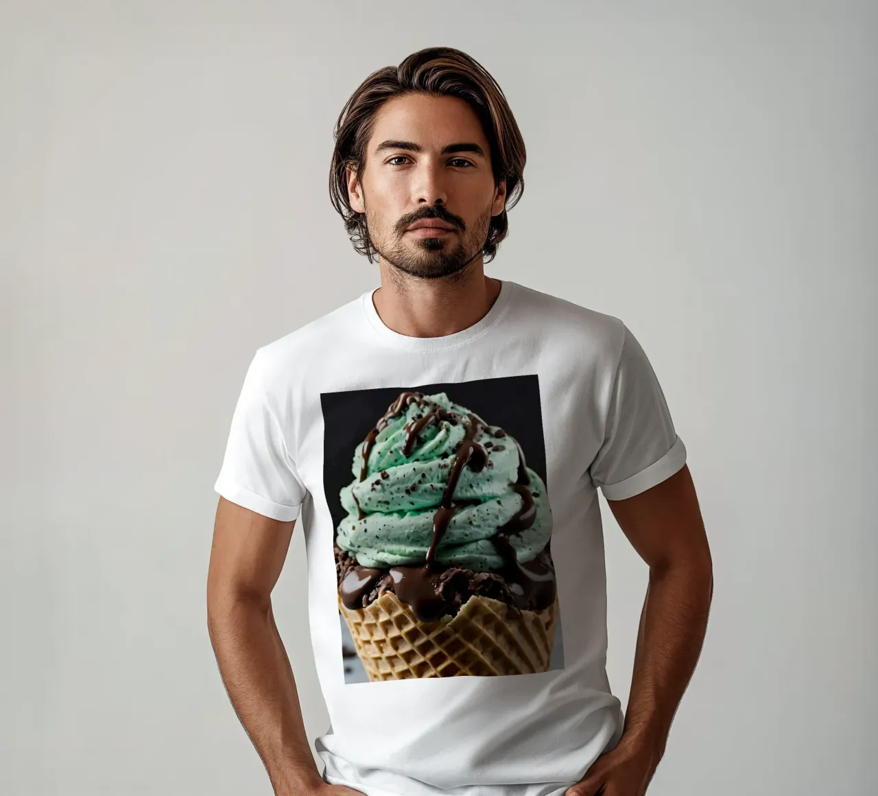 Gelato cremoso alla menta con gocce di cioccolato servito in un cono di cialda t-shirt da DesignDoodle