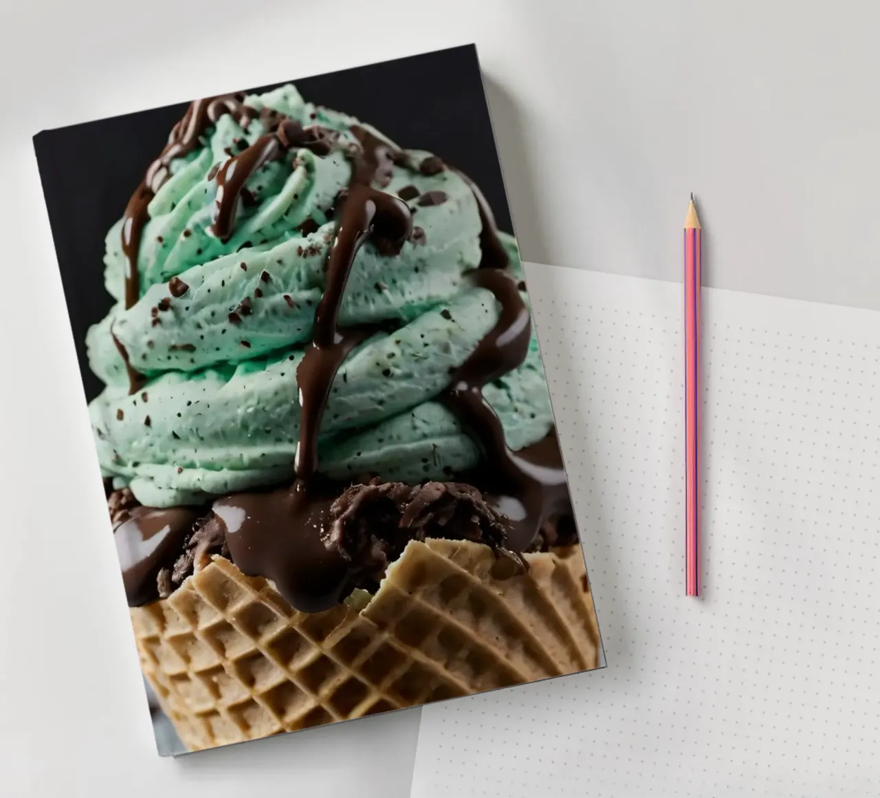 Glace crémeuse aux pépites de chocolat à la menthe servie dans un cornet de gaufre carnet de notes de DesignDoodle