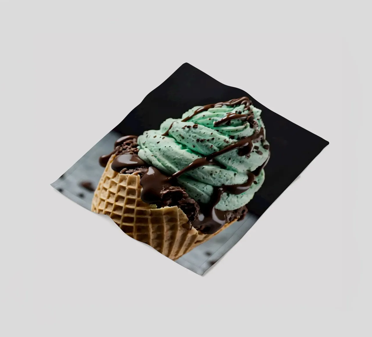 Gelato cremoso alla menta con gocce di cioccolato servito in un cono di cialda coperta in pile da DesignDoodle