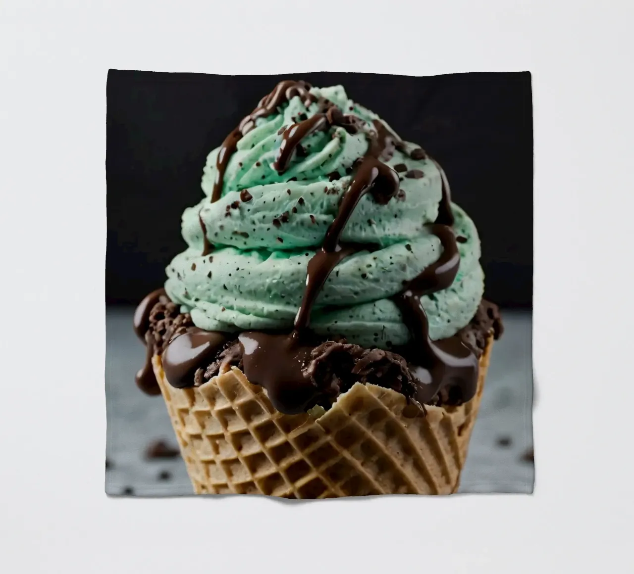 Gelato cremoso alla menta con gocce di cioccolato servito in un cono di cialda coperta in pile da DesignDoodle