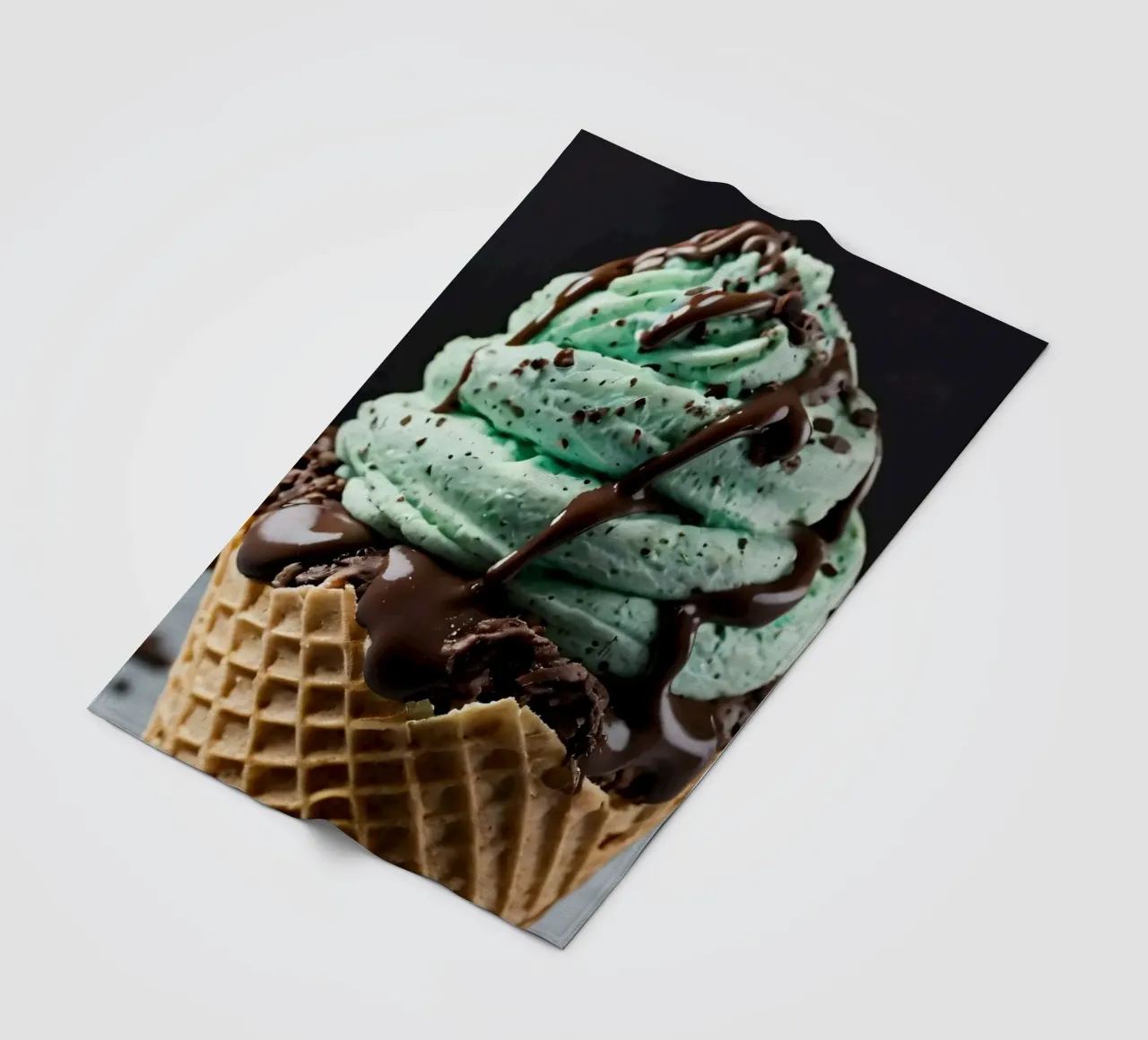 Gelato cremoso alla menta con gocce di cioccolato servito in un cono di cialda coperta in pile da DesignDoodle