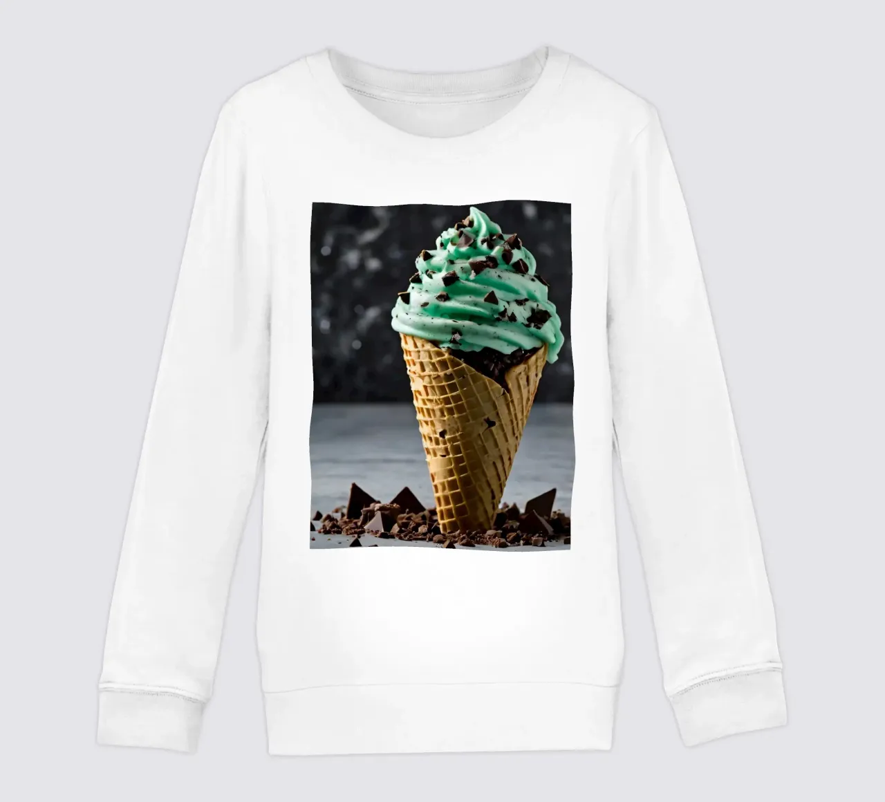 Un cono gelato alla menta con gocce di cioccolato, deliziosamente rigirato, con felpa bambino da DesignDoodle