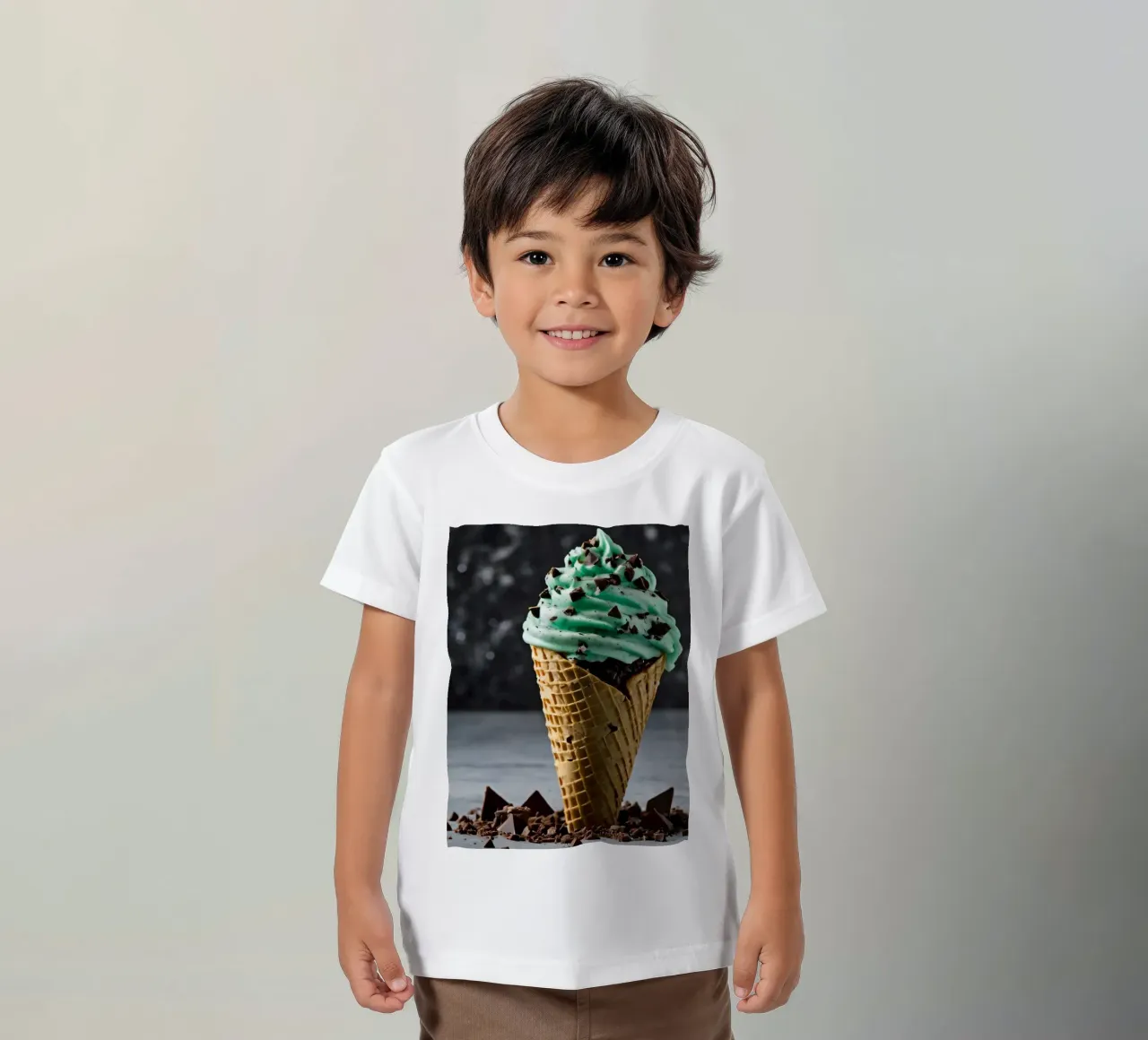 A deliciously swirled mint chocolate chip ice cream cone wit kids t-shirt by DesignDoodle