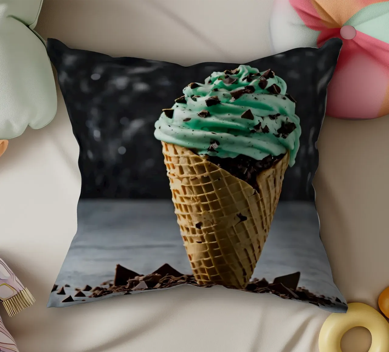Un cono gelato alla menta con gocce di cioccolato, deliziosamente rigirato, con cuscino da DesignDoodle