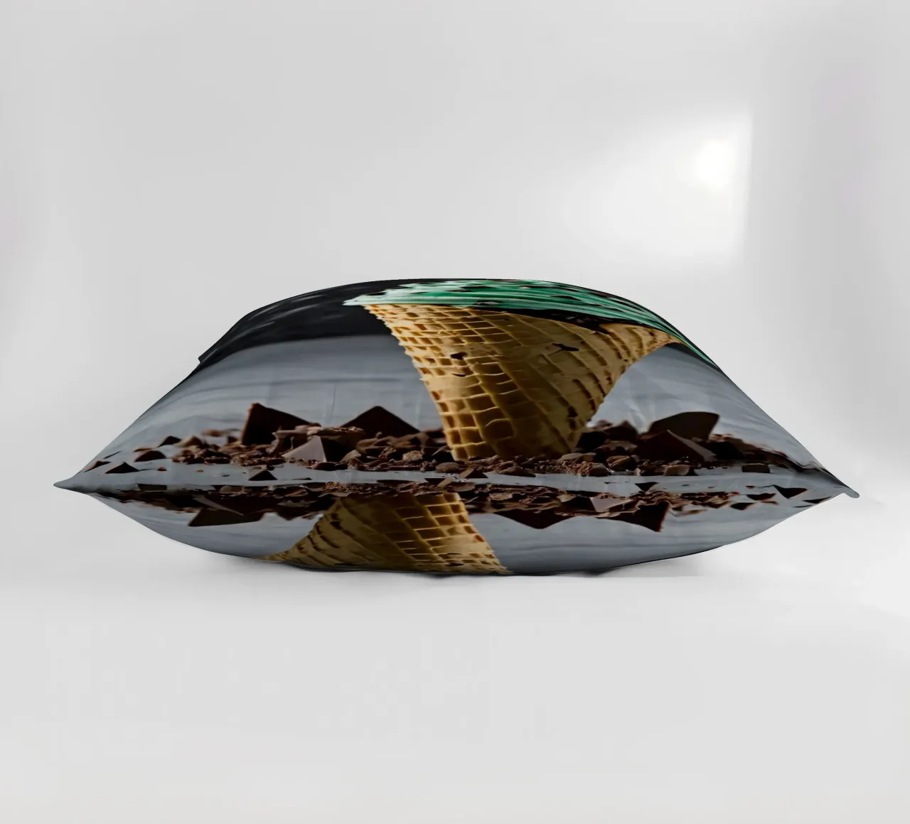 Un cono gelato alla menta con gocce di cioccolato, deliziosamente rigirato, con cuscino da DesignDoodle