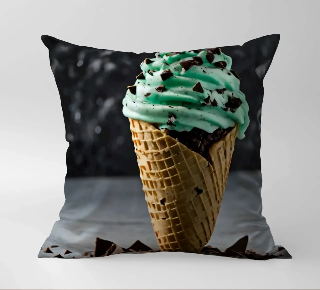 Un cono gelato alla menta con gocce di cioccolato, deliziosamente rigirato, con cuscino da DesignDoodle