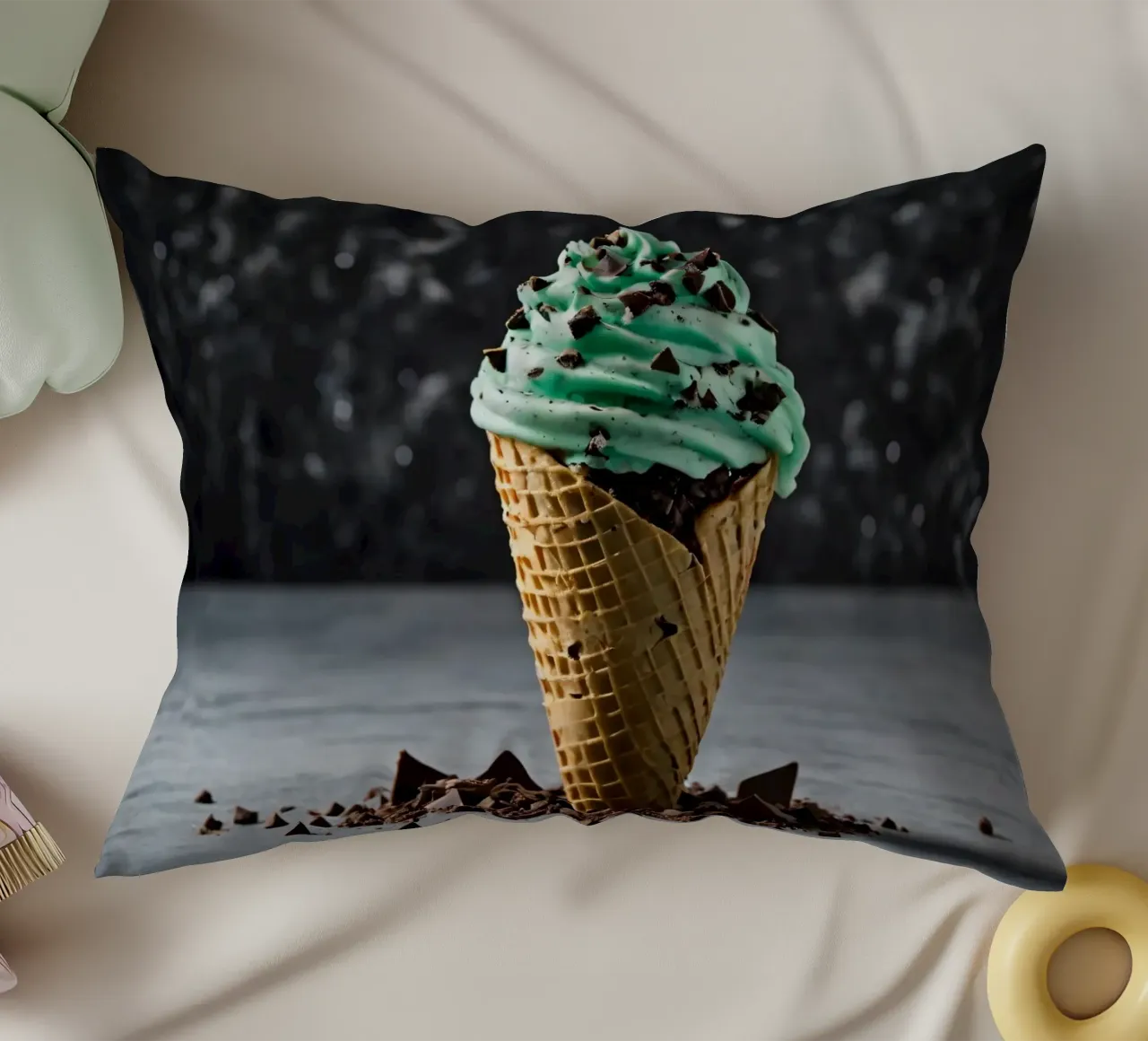 Un cono gelato alla menta con gocce di cioccolato, deliziosamente rigirato, con cuscino da DesignDoodle