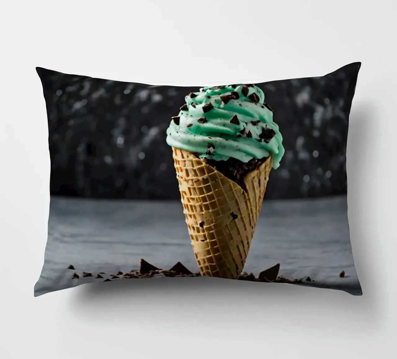 Un cono gelato alla menta con gocce di cioccolato, deliziosamente rigirato, con cuscino da DesignDoodle