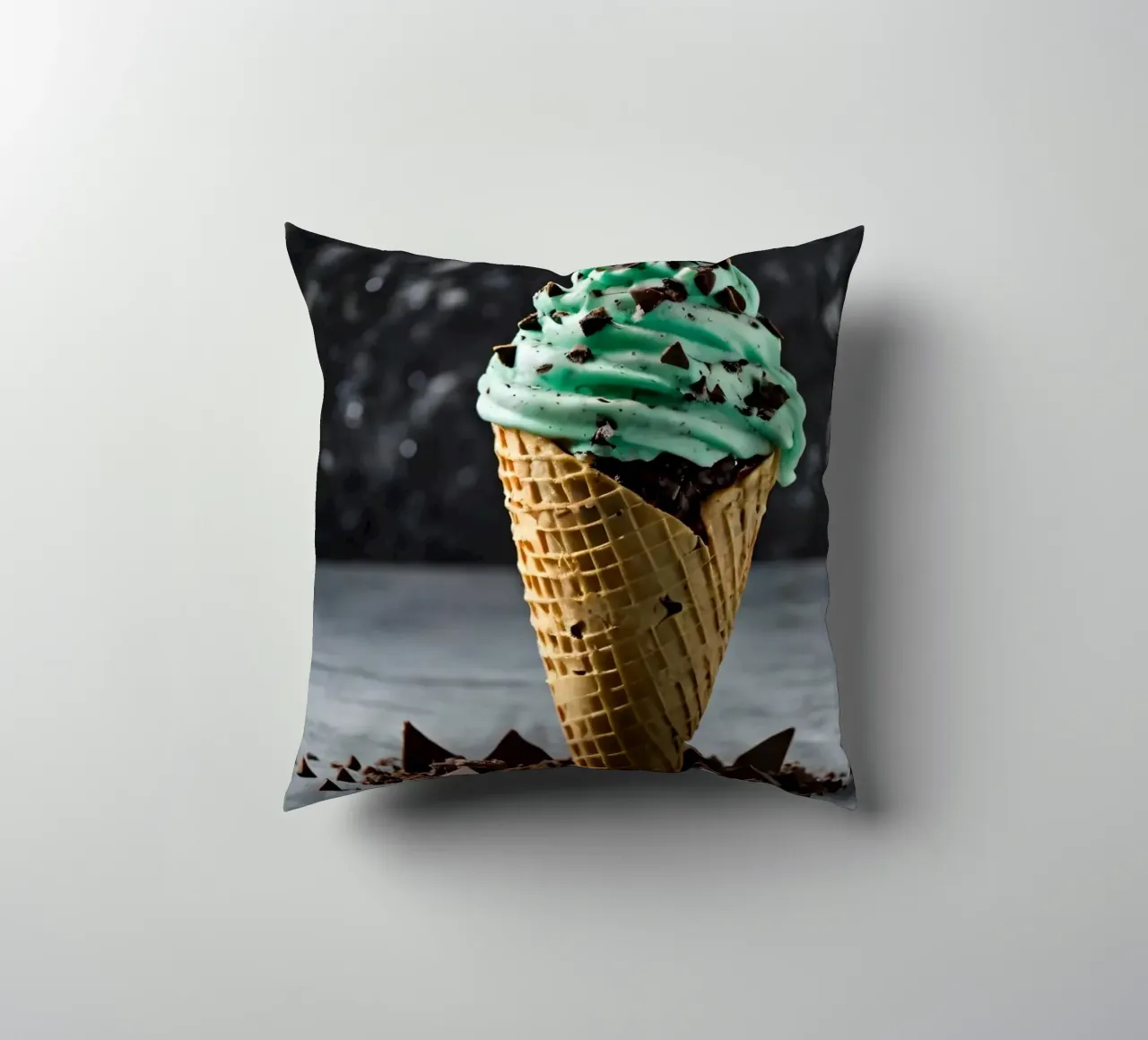 Un cono gelato alla menta con gocce di cioccolato, deliziosamente rigirato, con cuscino da DesignDoodle