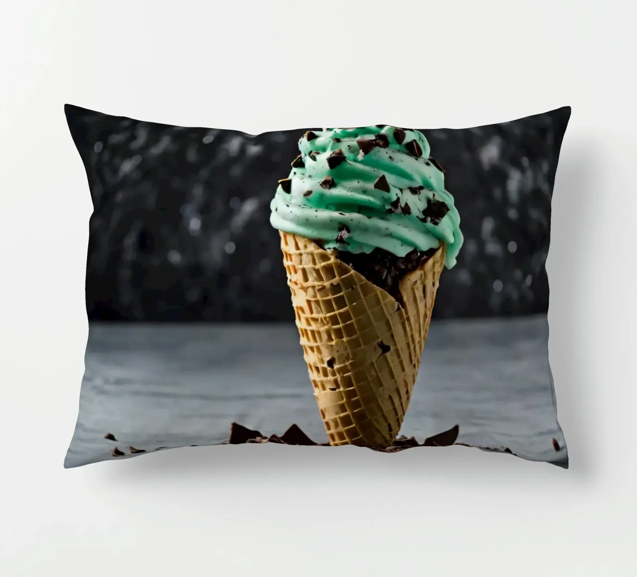 Un cono gelato alla menta con gocce di cioccolato, deliziosamente rigirato, con cuscino da DesignDoodle