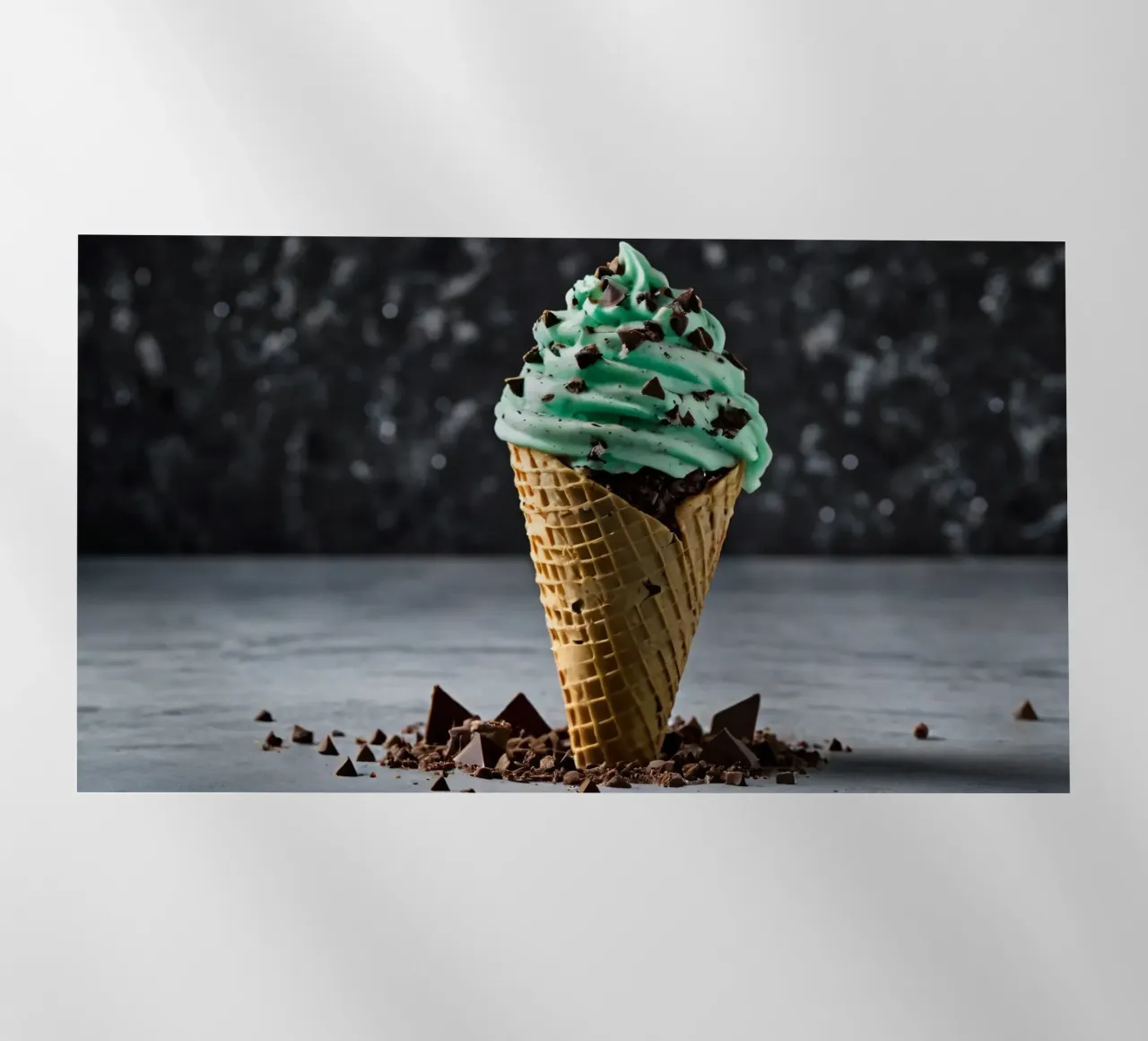 Un cono gelato alla menta con gocce di cioccolato, deliziosamente rigirato, con pellicola backlit da DesignDoodle