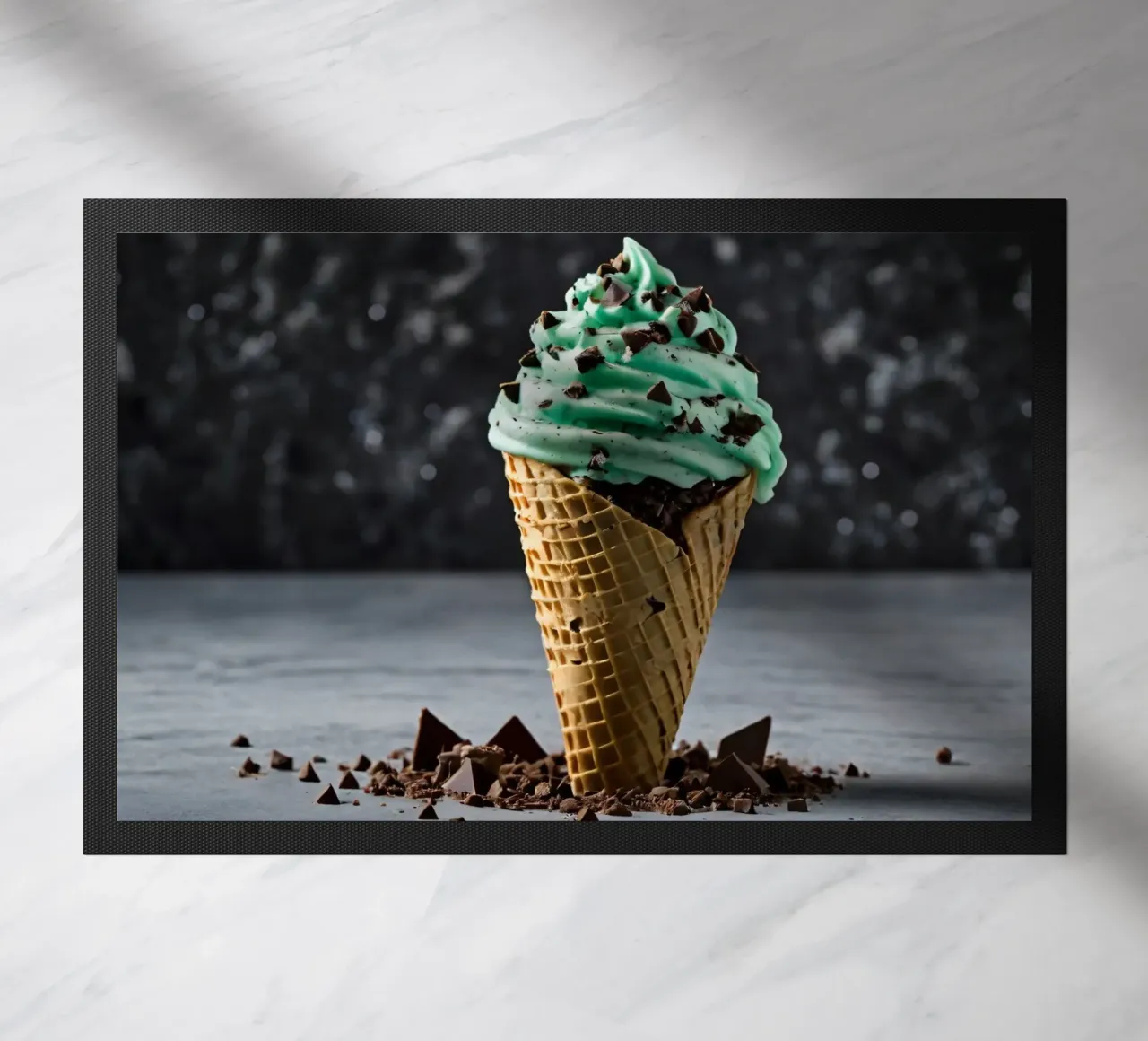 Un cono gelato alla menta con gocce di cioccolato, deliziosamente rigirato, con zerbino da DesignDoodle