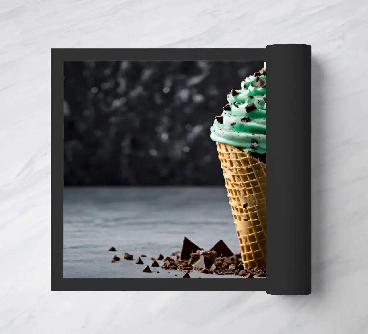 Un cono gelato alla menta con gocce di cioccolato, deliziosamente rigirato, con zerbino da DesignDoodle