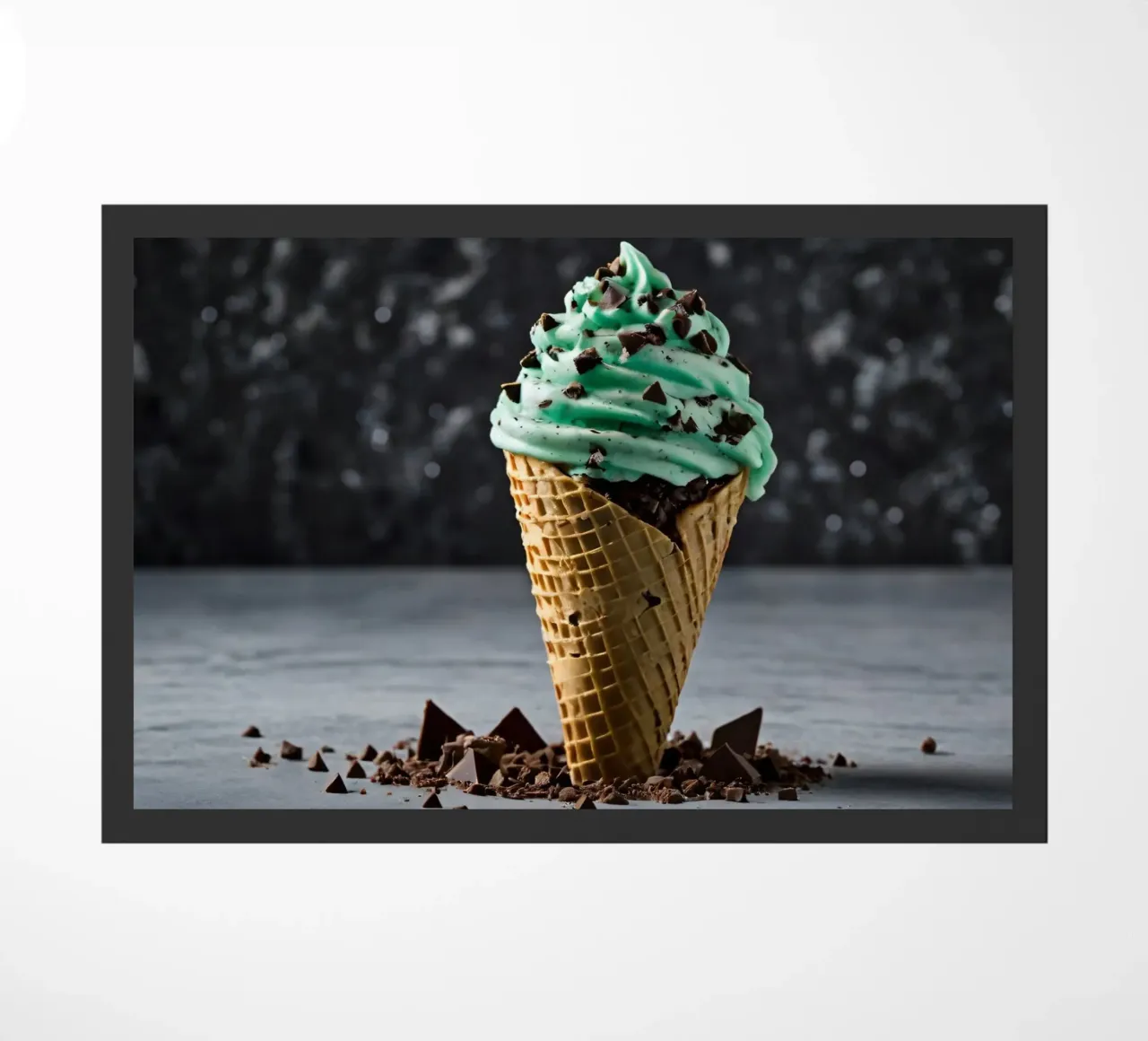Un cono gelato alla menta con gocce di cioccolato, deliziosamente rigirato, con zerbino da DesignDoodle