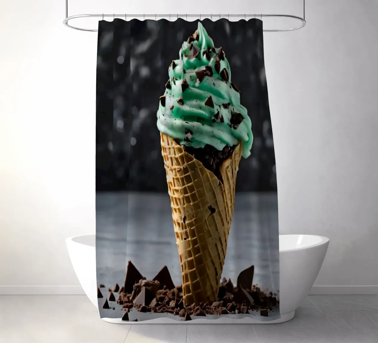 A deliciously swirled mint chocolate chip ice cream cone wit shower curtain by DesignDoodle