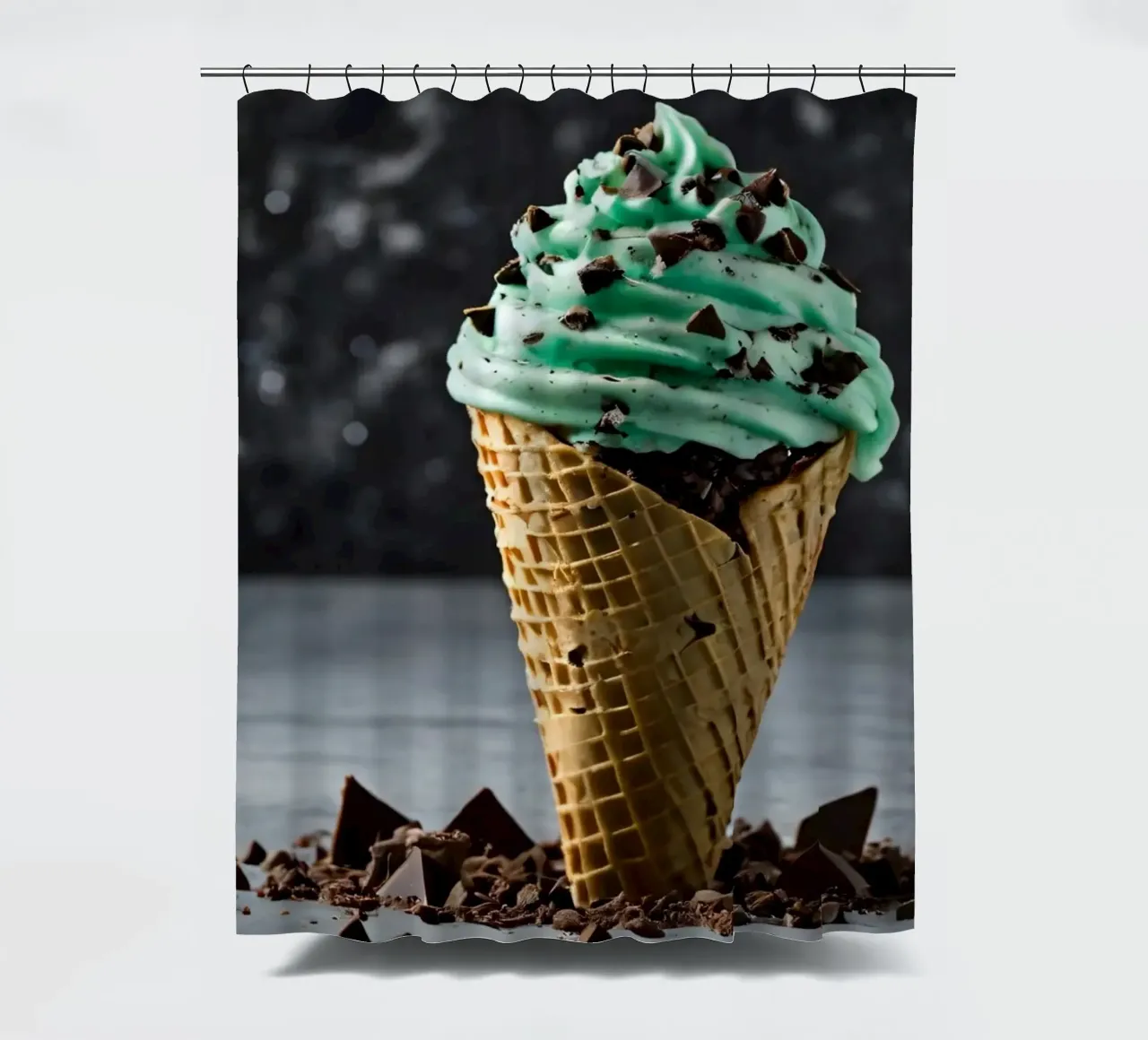 A deliciously swirled mint chocolate chip ice cream cone wit shower curtain by DesignDoodle