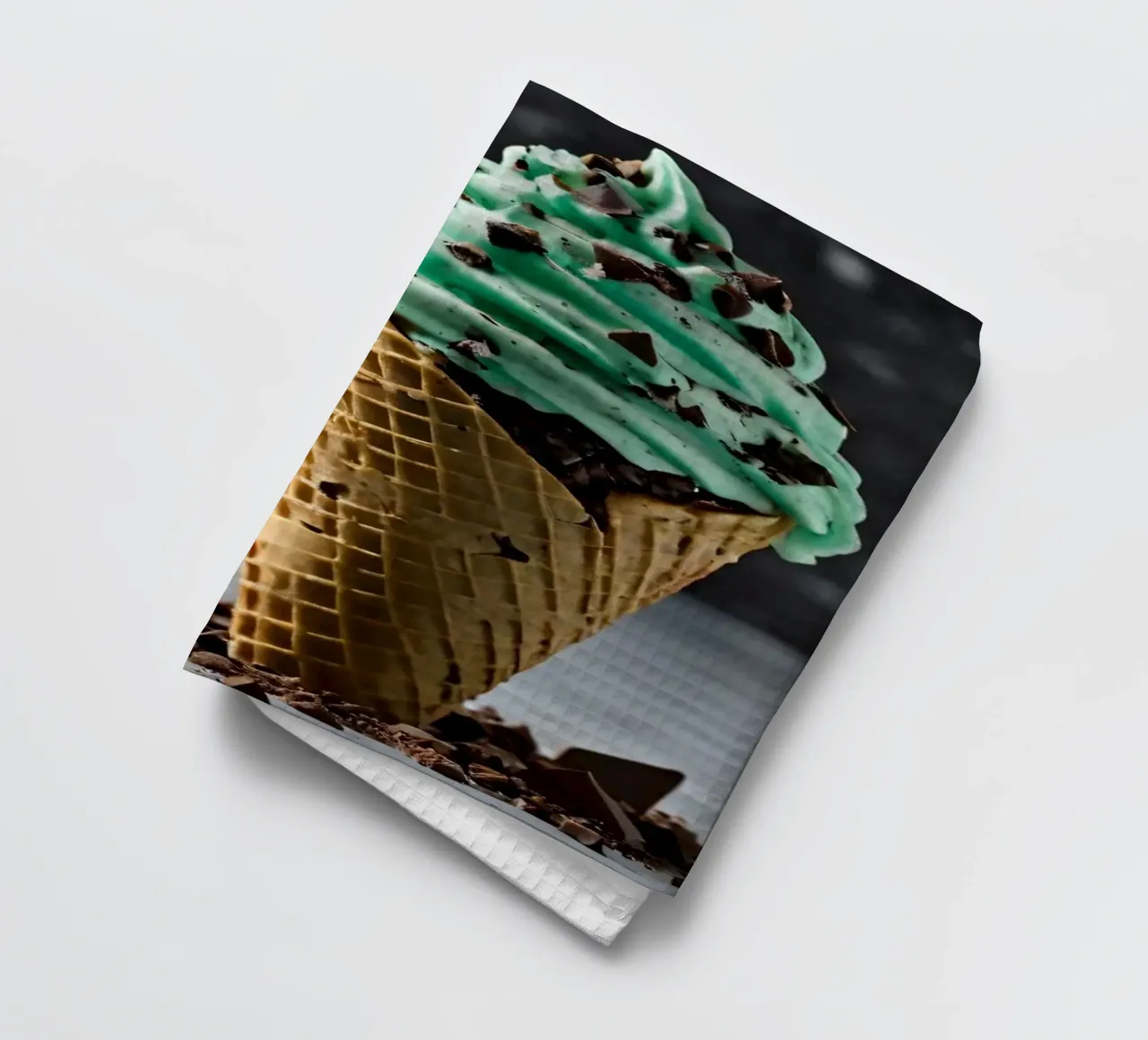 Un cono gelato alla menta con gocce di cioccolato, deliziosamente rigirato, con canovaccio da cucina da DesignDoodle