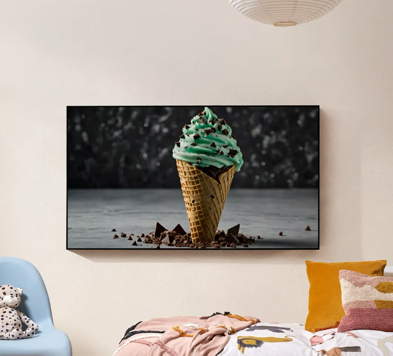Un cono gelato alla menta con gocce di cioccolato, deliziosamente rigirato, con plexiglass da DesignDoodle