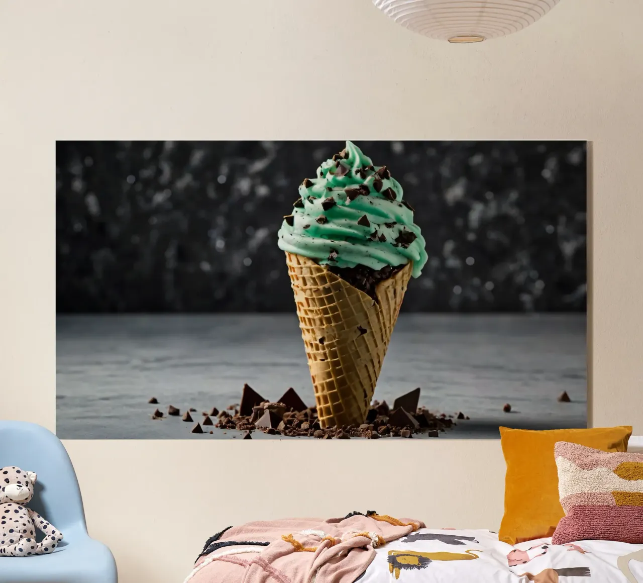 Un cono gelato alla menta con gocce di cioccolato, deliziosamente rigirato, con plexiglass da DesignDoodle