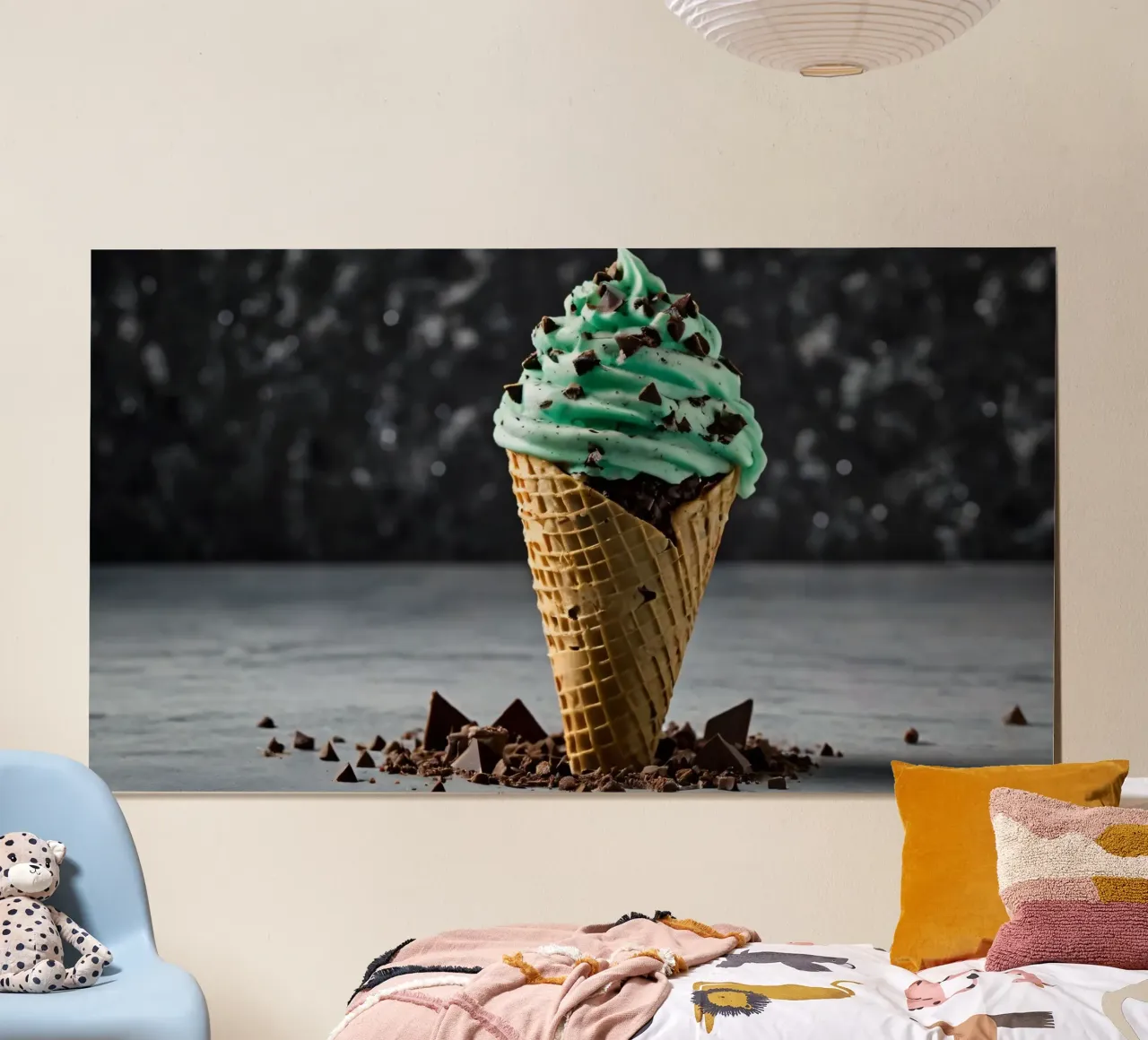 Un cono gelato alla menta con gocce di cioccolato, deliziosamente rigirato, con carta hahnemühle da DesignDoodle