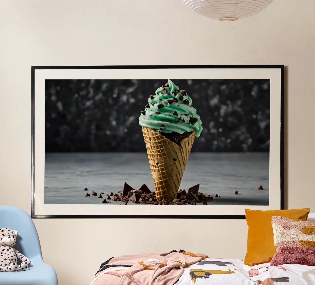 Un cono gelato alla menta con gocce di cioccolato, deliziosamente rigirato, con carta hahnemühle da DesignDoodle