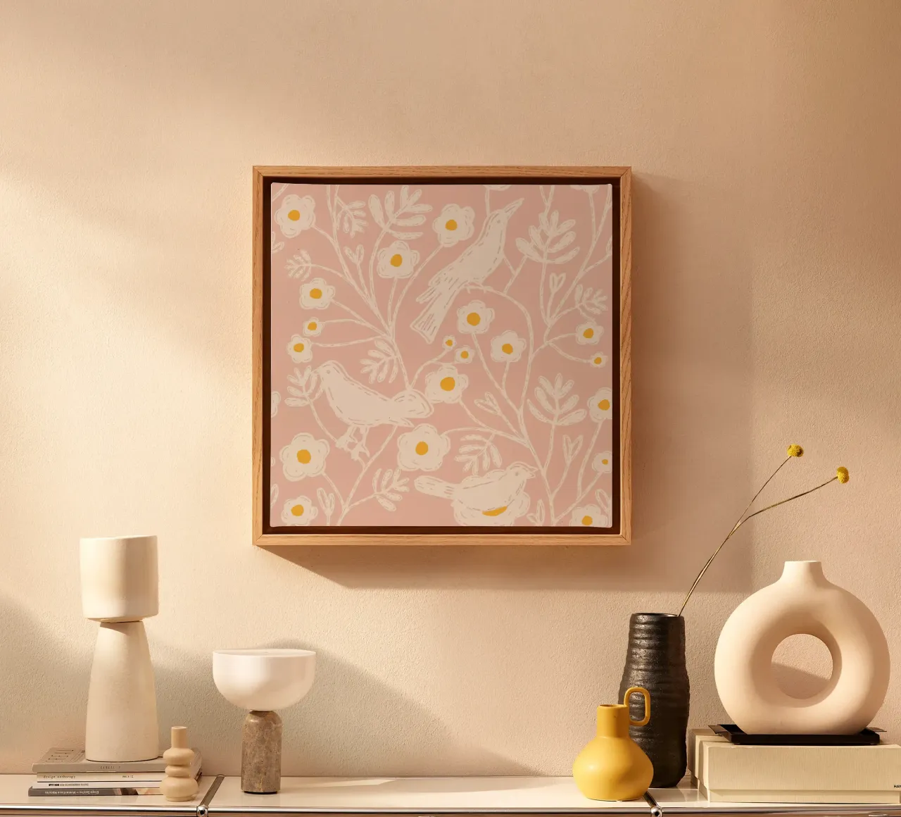 Blush Tuinvogels - Blokprint Bloemen Roze canvas met Baklijst van susanacosta