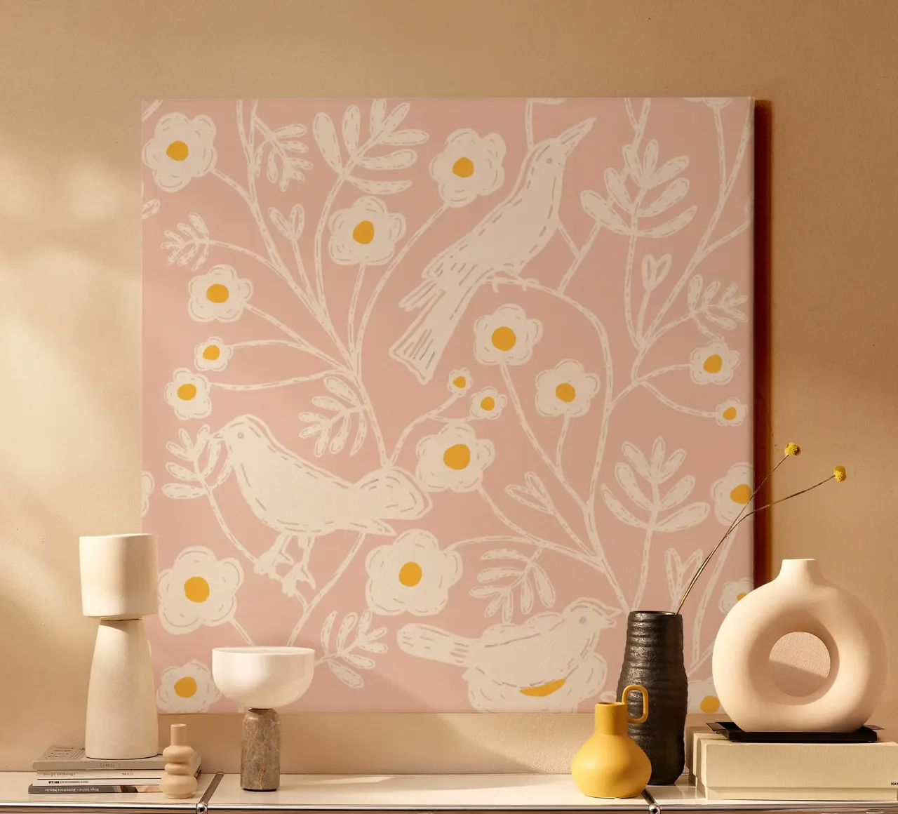 Blush Tuinvogels - Blokprint Bloemen Roze canvas met Baklijst van susanacosta