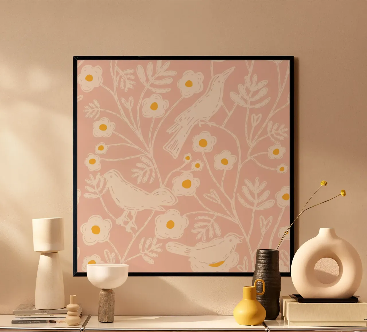 Blush Garden Birds - Block Print Floral Rosa poster de susanacosta