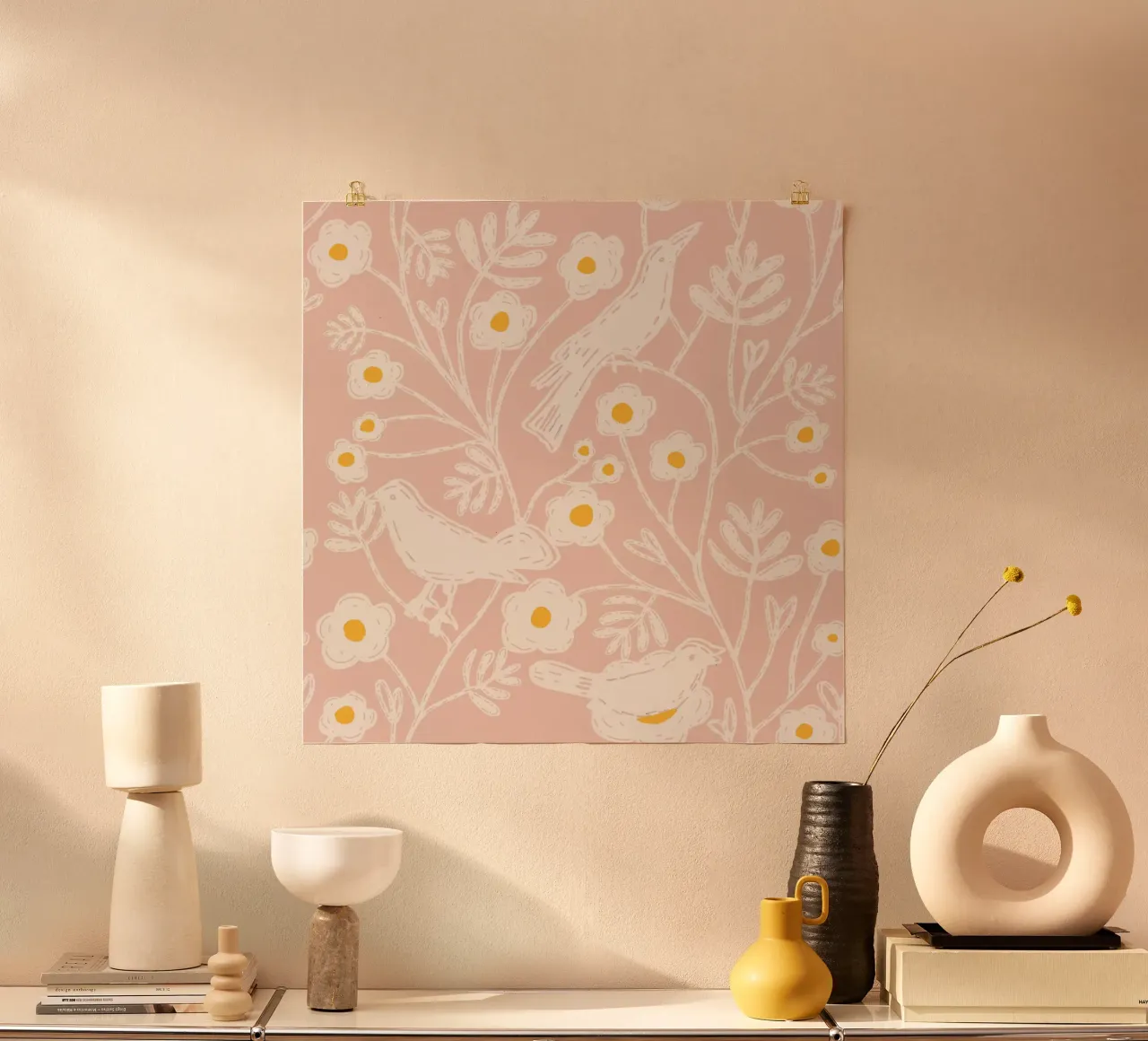 Blush Garden Birds - Block Print Floral Rosa poster de susanacosta