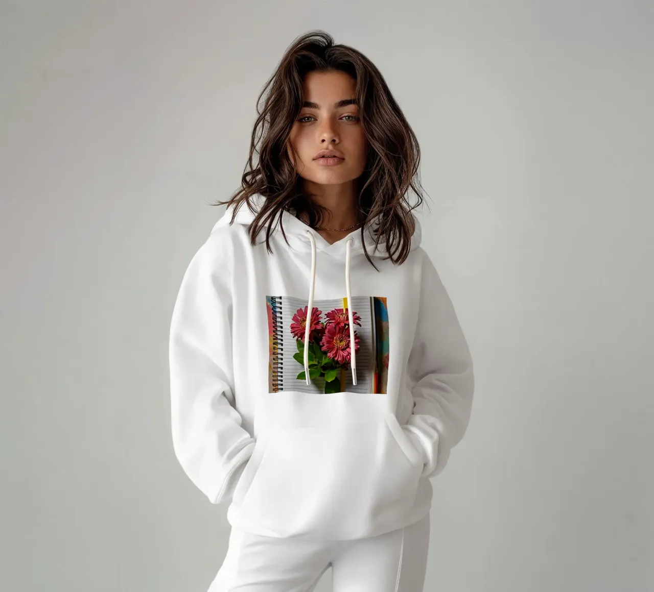 Un carnet de notes vibrant sur lequel reposent des fleurs roses. sweat à capuche de DesignDoodle