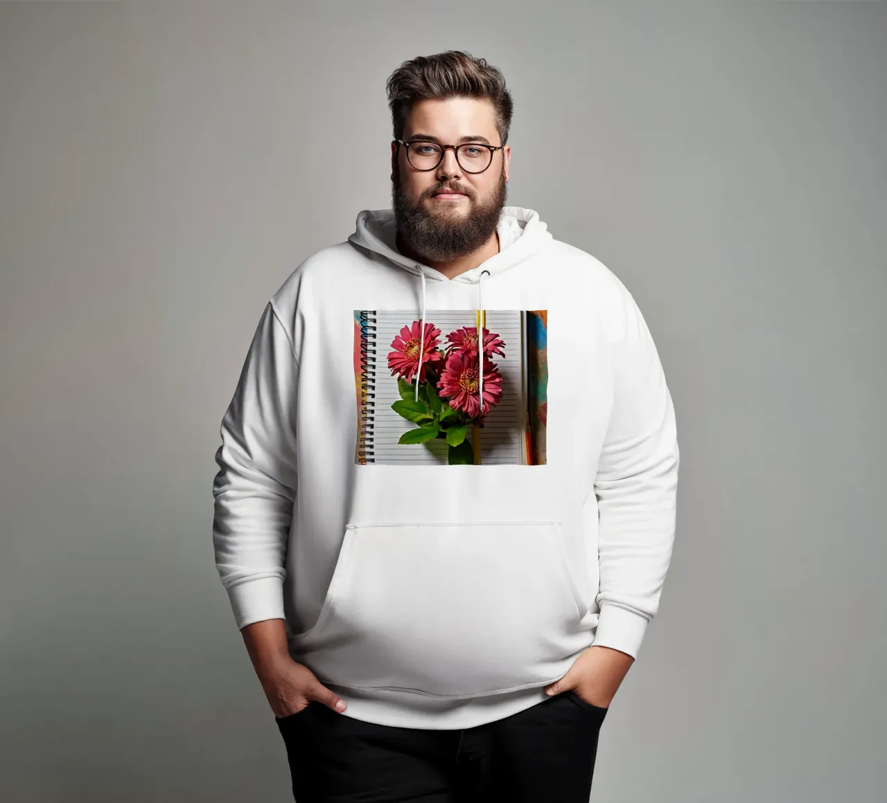 Un taccuino vivace con fiori rosa appoggiati in cima, che mette in mostra felpa con cappuccio da DesignDoodle