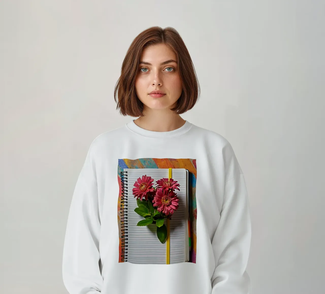 Un taccuino vivace con fiori rosa appoggiati in cima, che mette in mostra felpa da DesignDoodle
