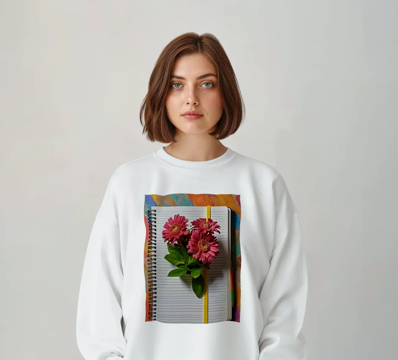 Un taccuino vivace con fiori rosa appoggiati in cima, che mette in mostra felpa da DesignDoodle