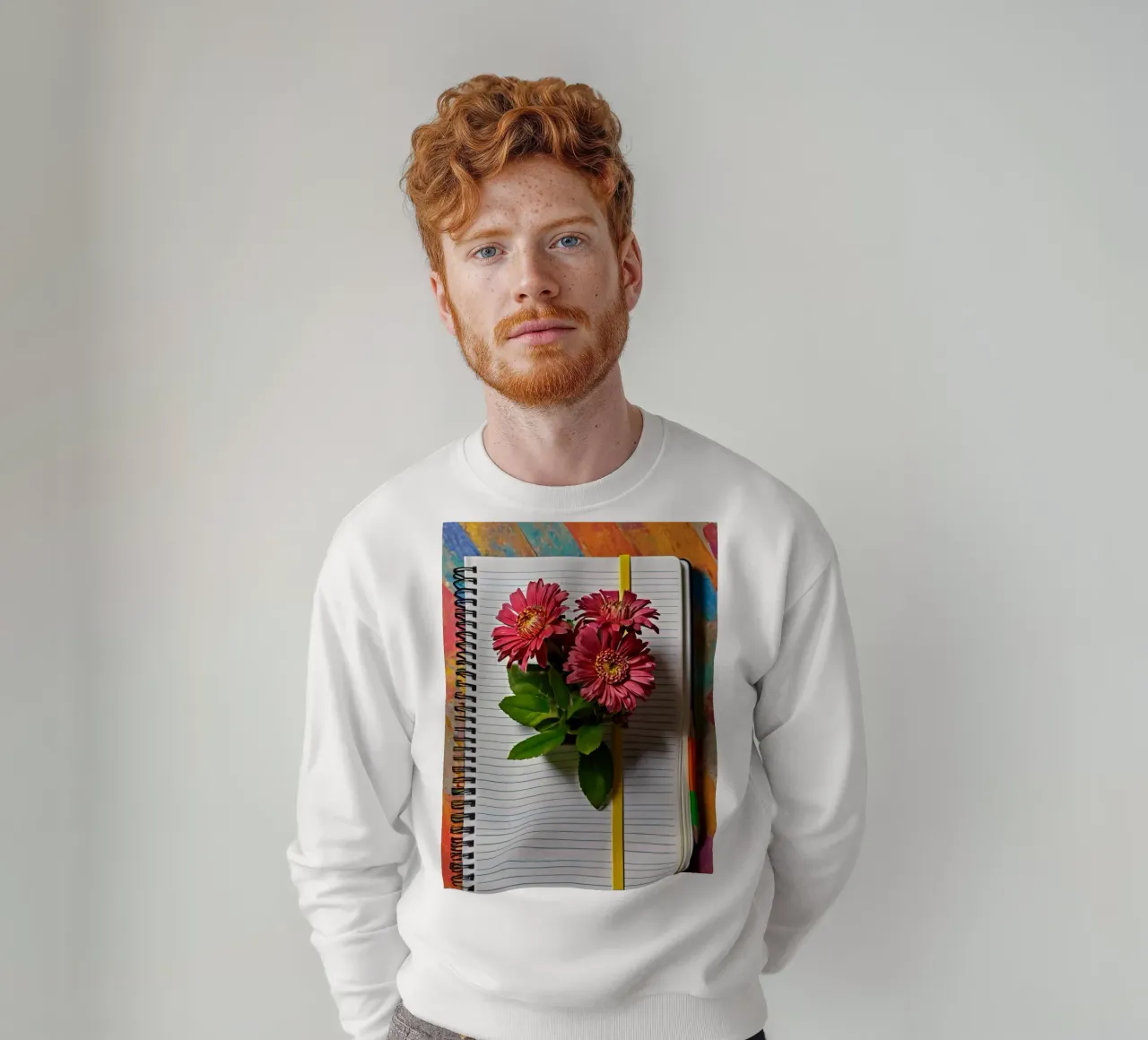 Un taccuino vivace con fiori rosa appoggiati in cima, che mette in mostra felpa da DesignDoodle