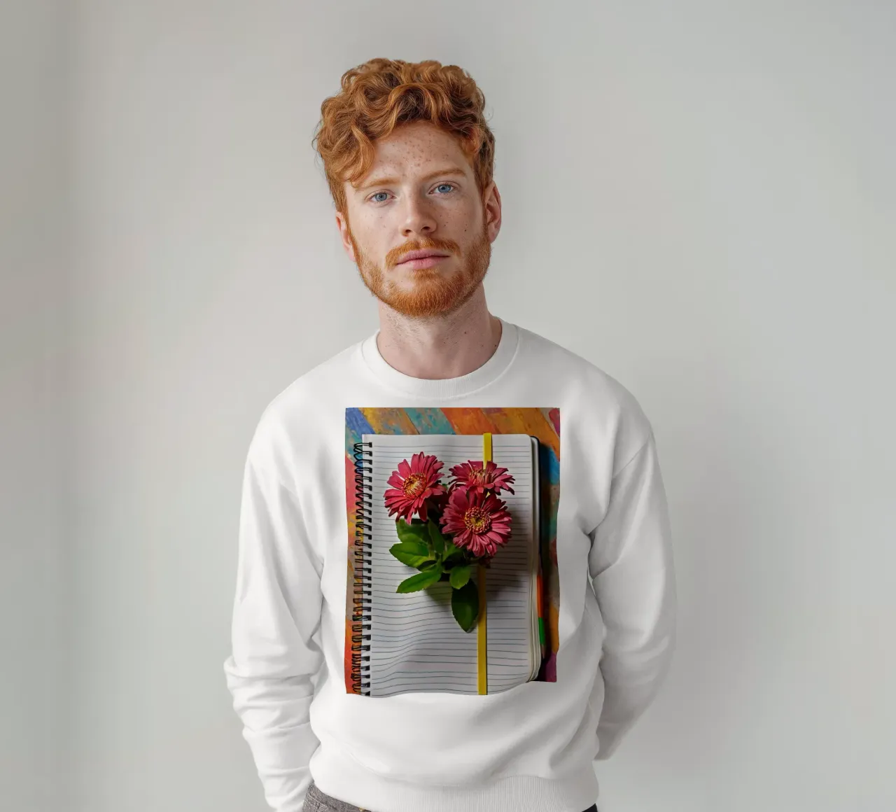 Un taccuino vivace con fiori rosa appoggiati in cima, che mette in mostra felpa da DesignDoodle