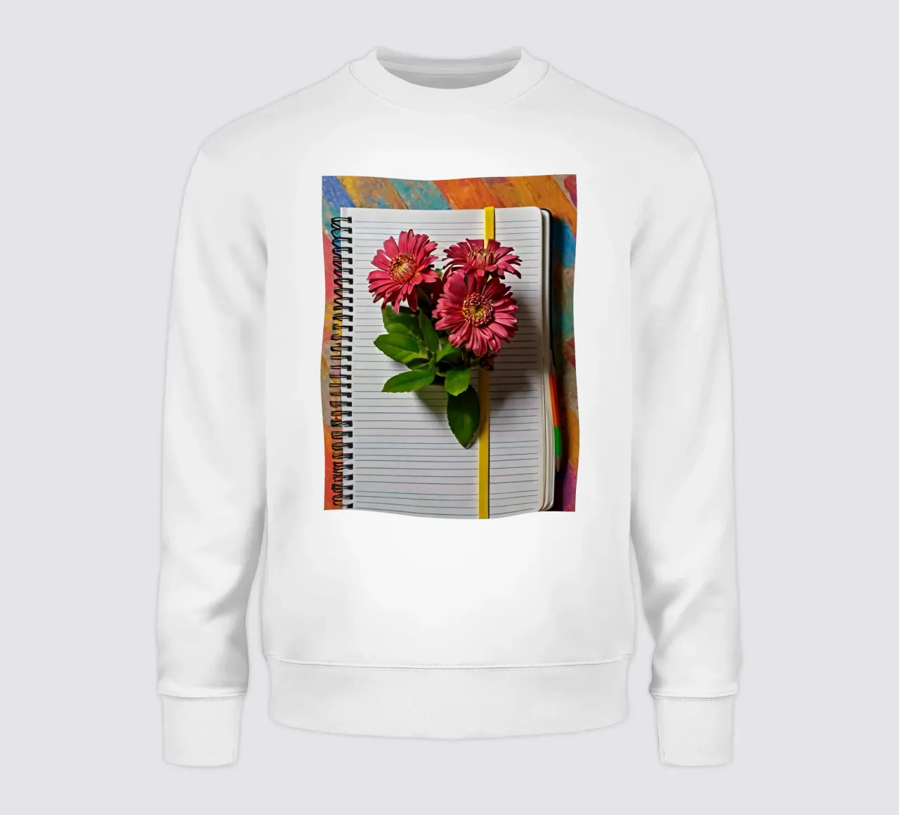 Un taccuino vivace con fiori rosa appoggiati in cima, che mette in mostra felpa da DesignDoodle