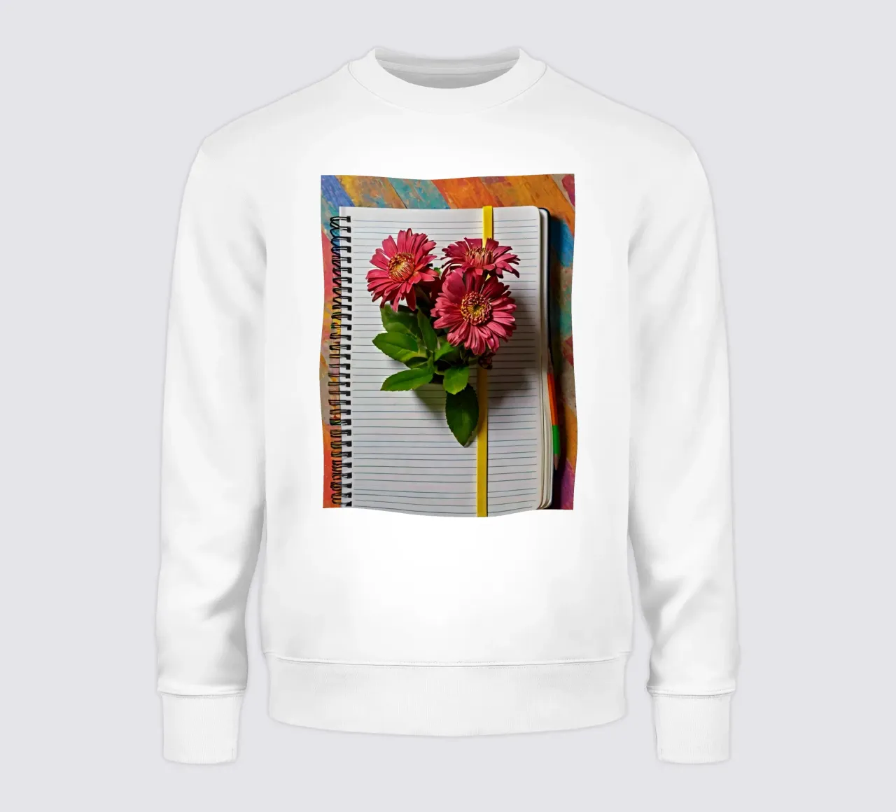 Un taccuino vivace con fiori rosa appoggiati in cima, che mette in mostra felpa da DesignDoodle