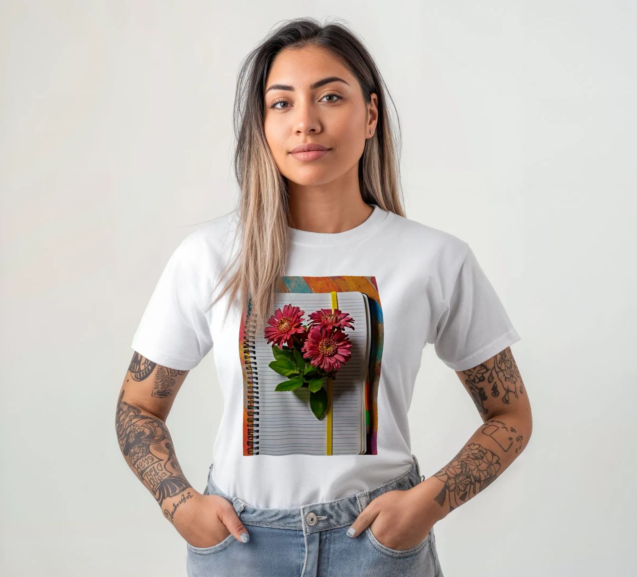 Un taccuino vivace con fiori rosa appoggiati in cima, che mette in mostra t-shirt da DesignDoodle