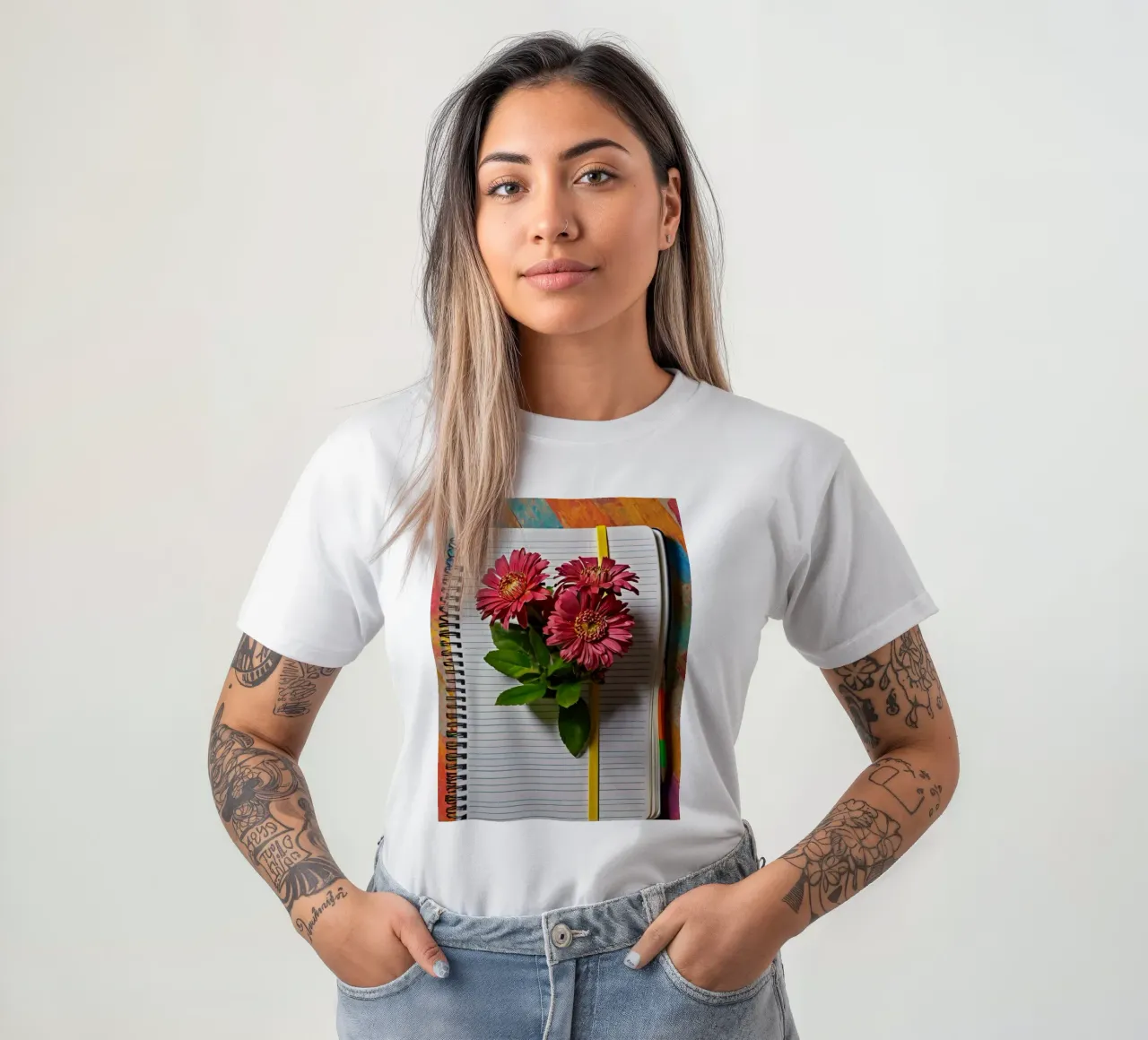 Un taccuino vivace con fiori rosa appoggiati in cima, che mette in mostra t-shirt da DesignDoodle