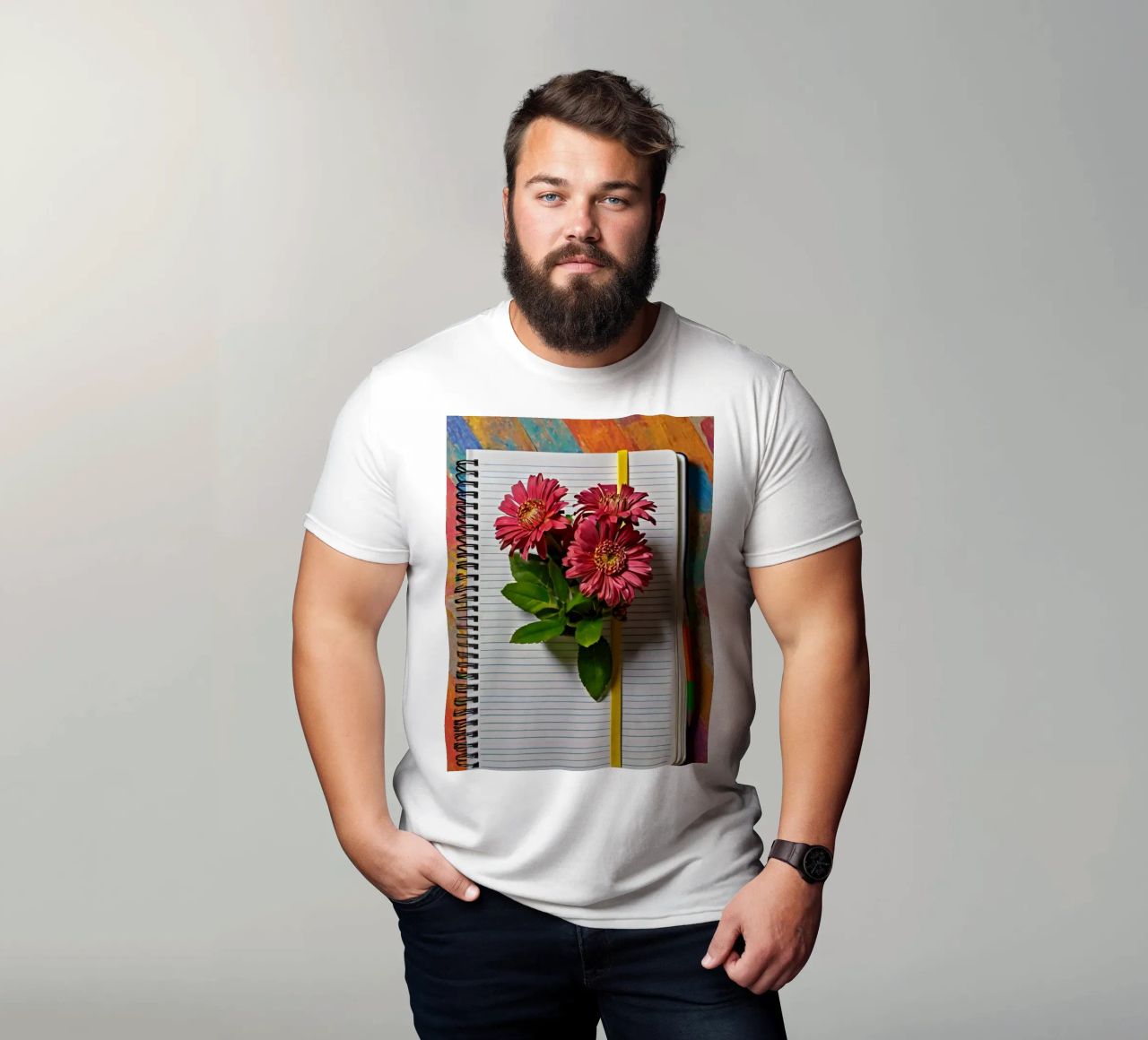 Un taccuino vivace con fiori rosa appoggiati in cima, che mette in mostra t-shirt da DesignDoodle