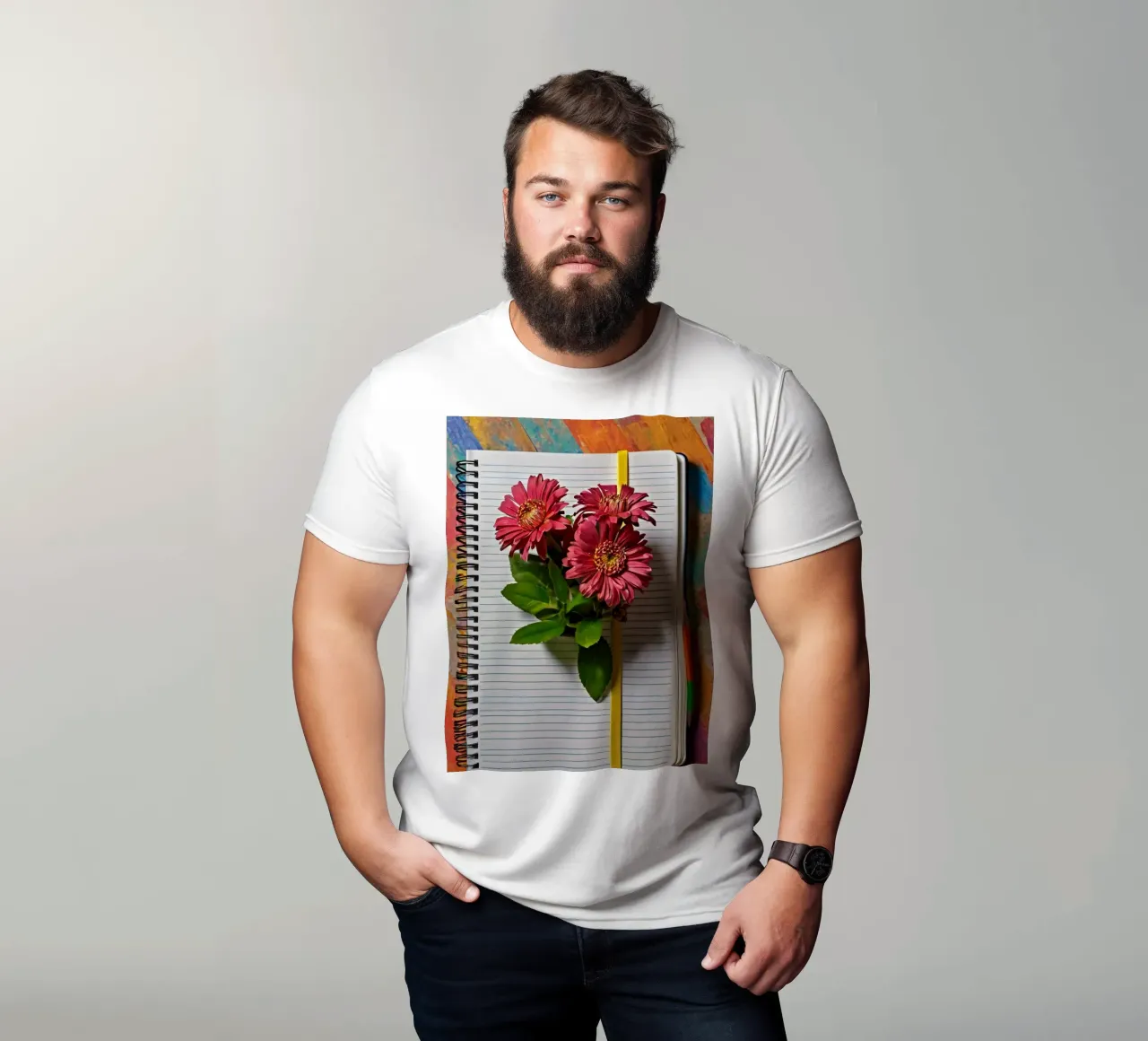 Ein leuchtendes Notizbuch mit rosafarbenen Blumen auf dem Kopf, die T-Shirt von DesignDoodle